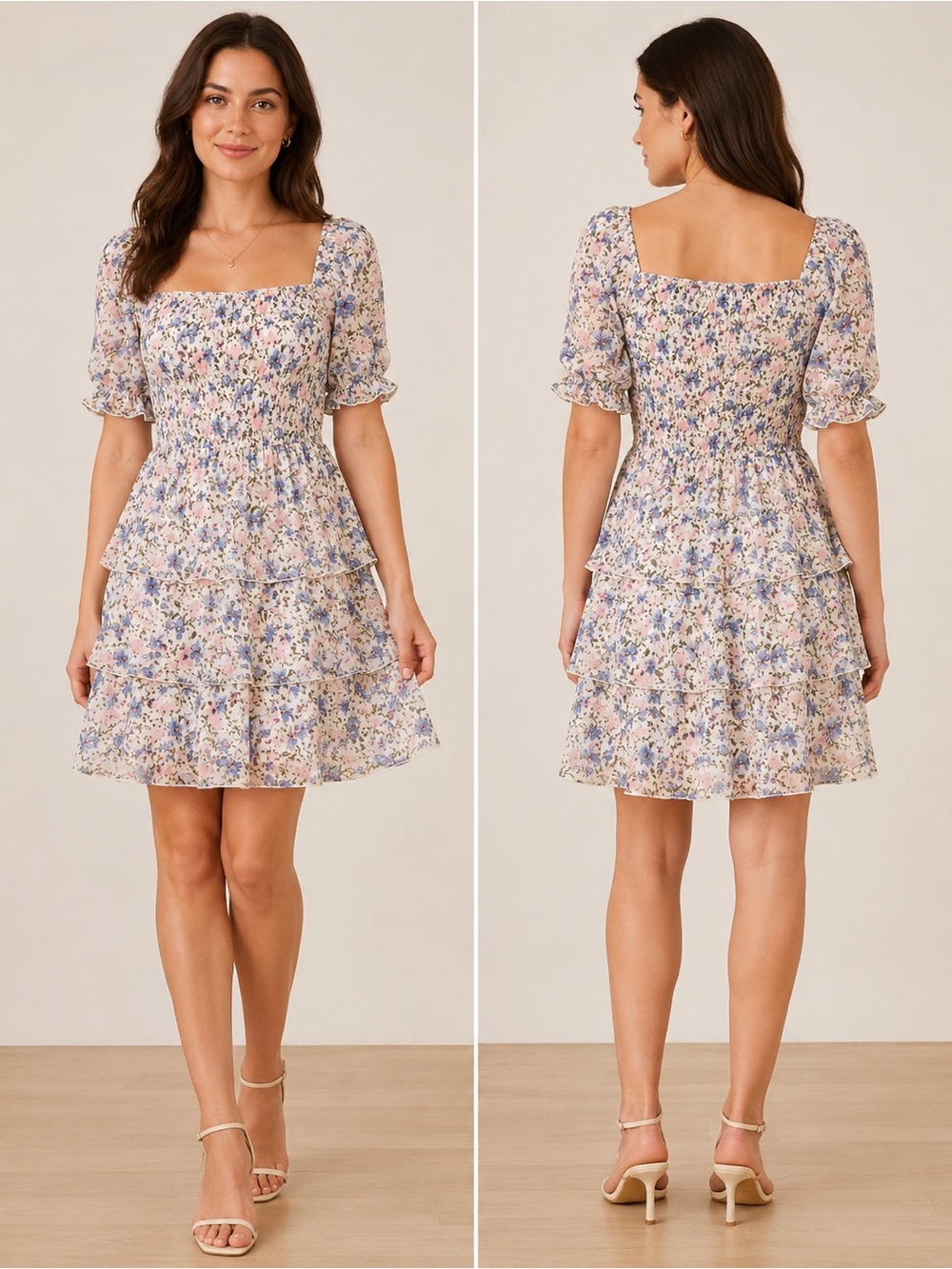 Thirty/Thirty LA Floral Square Neck Smocked Tiered Floral Mini Dress XL
